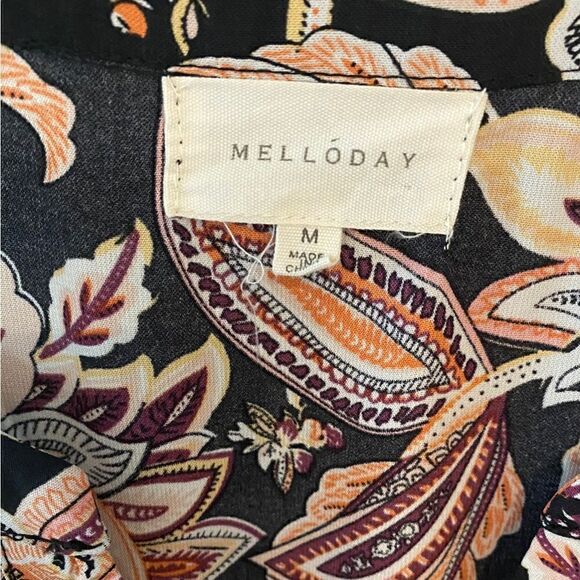 Melloday Sz M Black Peach Paisley Empire Waist Boho Relaxed Fit Flowy Blouse - Picture 6 of 8